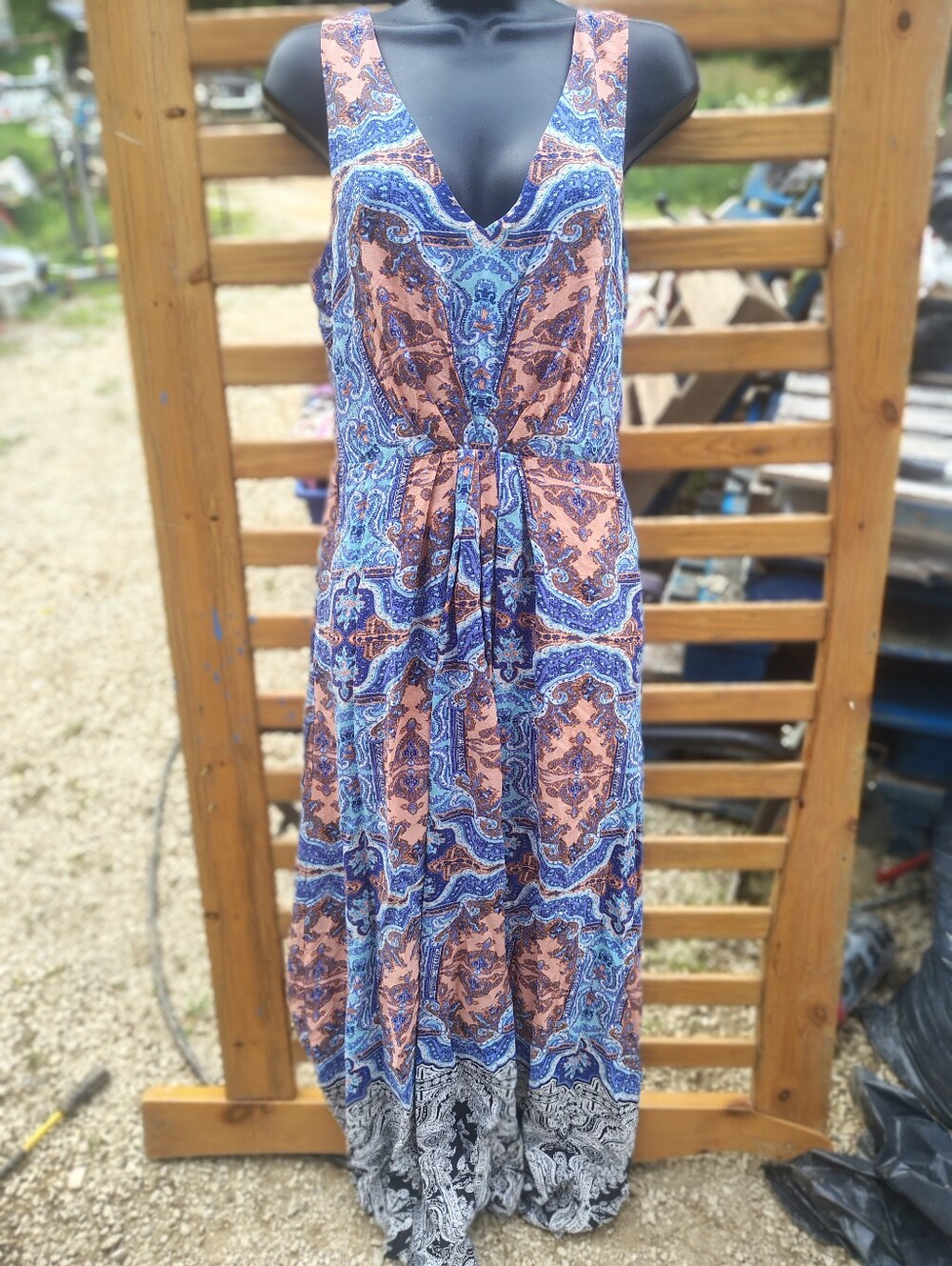 nthropologie Maeve MedallPaisley V-Neck Sleeveless Maxi Dress in Blue and Peach